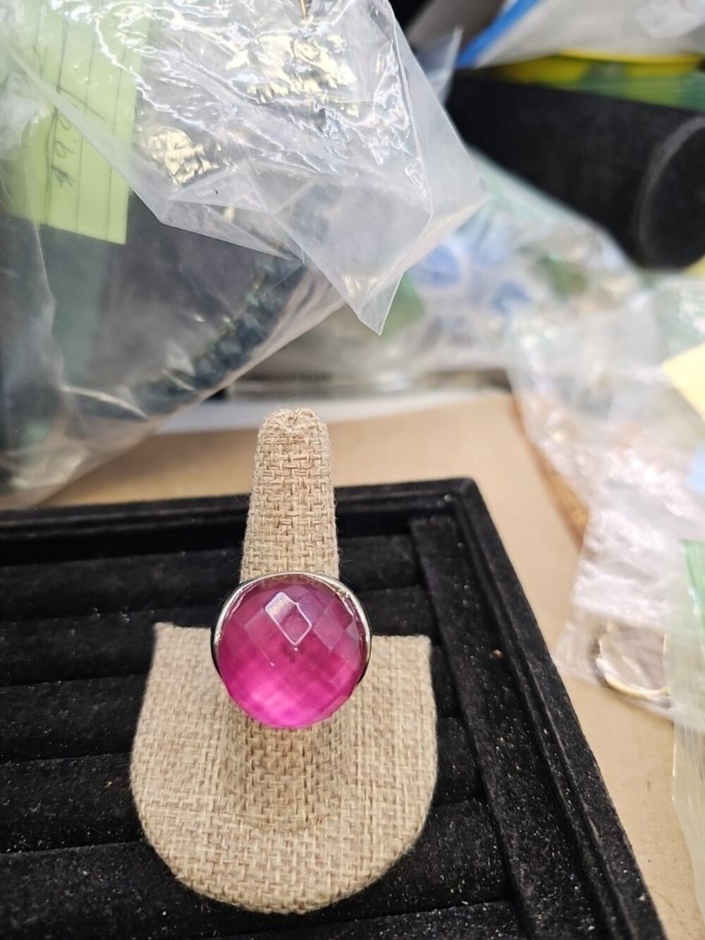 Ring Size 8.5 Silvertone With Pink Stone Avon Mark
